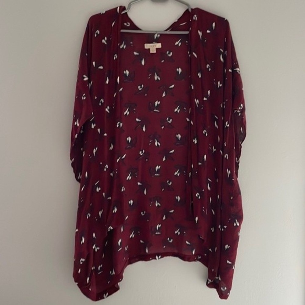 LOFT Maroon Floral Open Half-Sleeve Drapey Cardigan